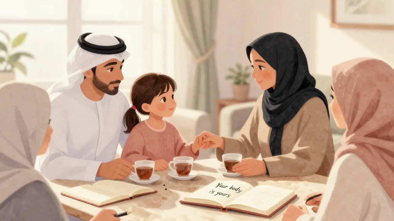 Emirati mothers sharing quiet advice with their daughters over tea in a living room.
