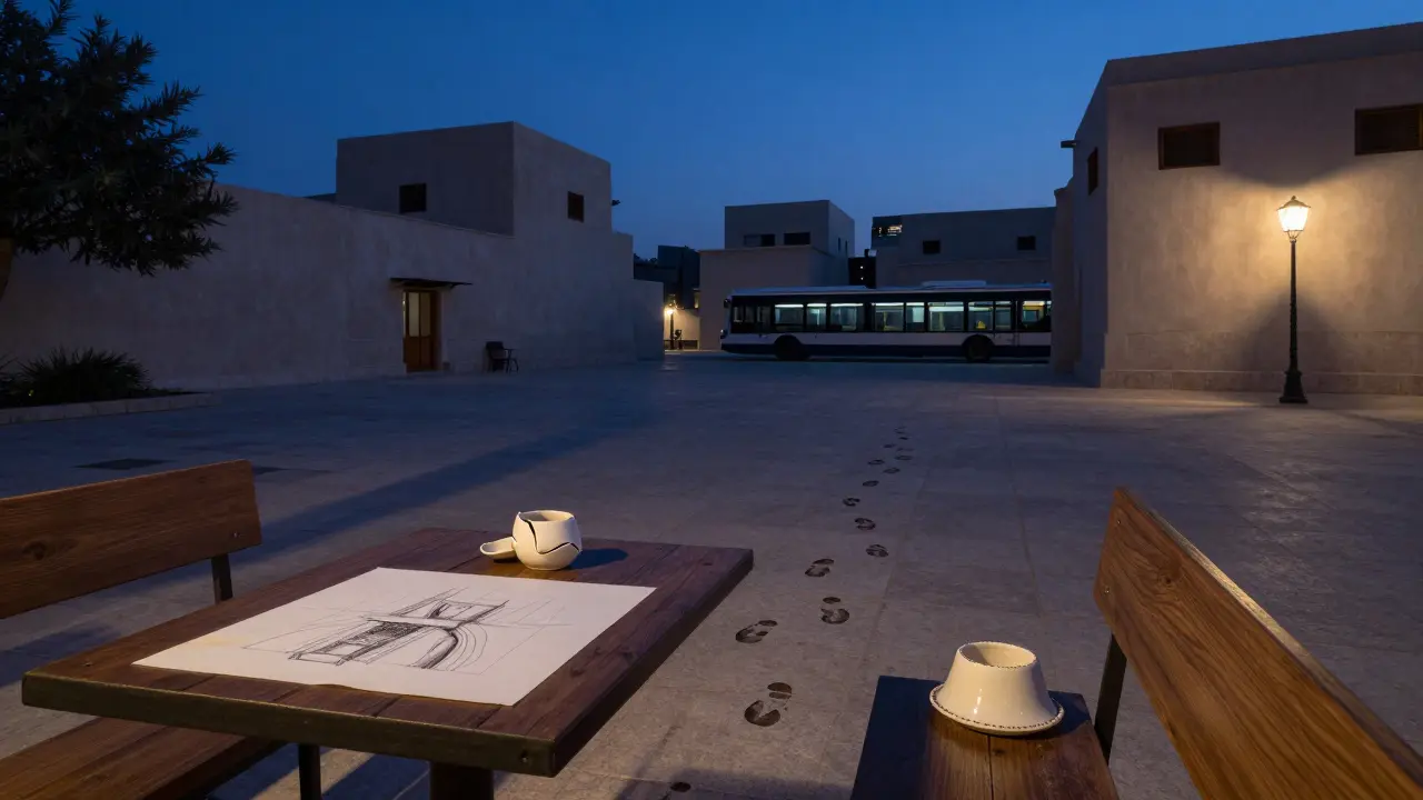 Empty courtyard after art night, with a sketch, ceramic dessert, and footprints under a glowing lantern.