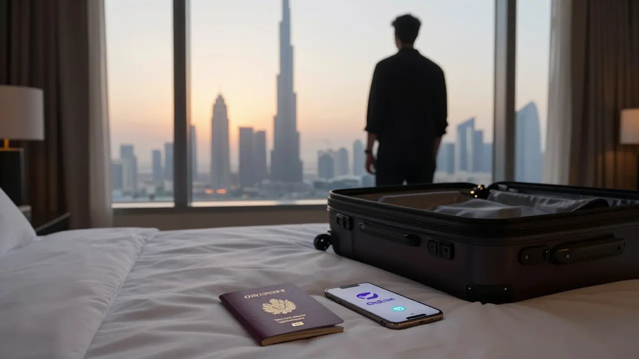 Empty hotel room in Dubai at sunrise, passport and blocked adult platform on phone, figure looking out window.