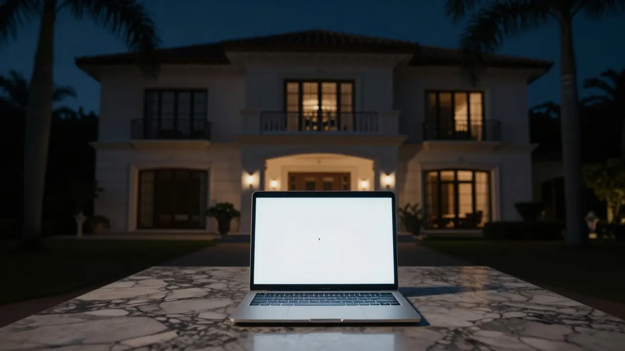Empty luxury villa with open laptop on marble table, no content visible.