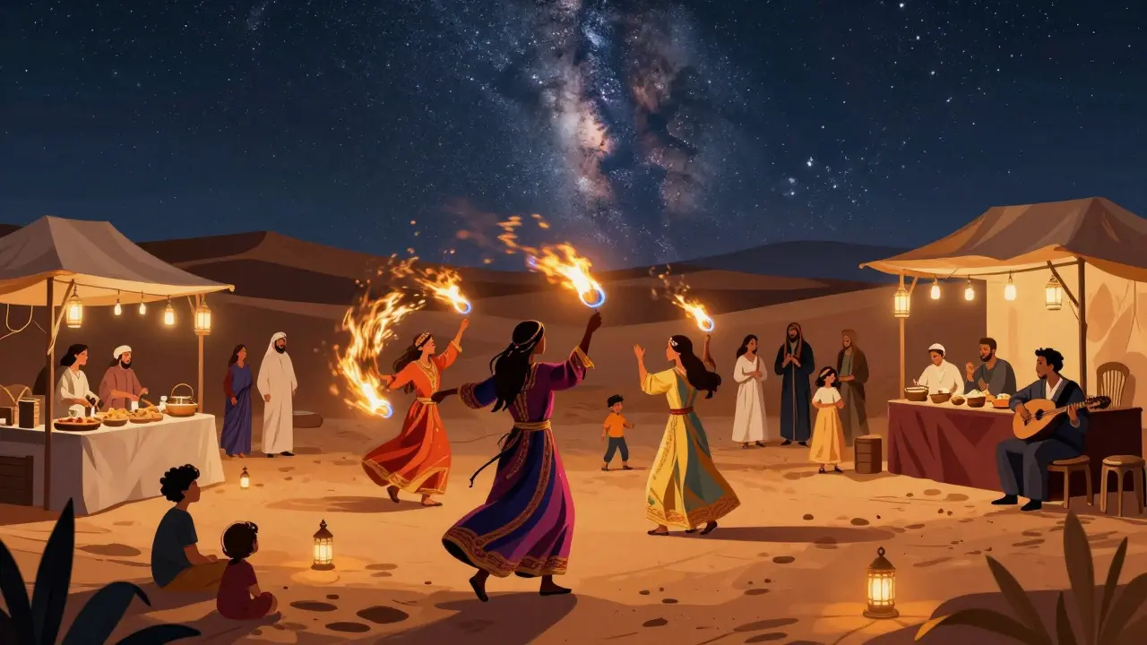 Fire dancers performing at a desert night market in Dubai, families enjoying food and music under lanterns.