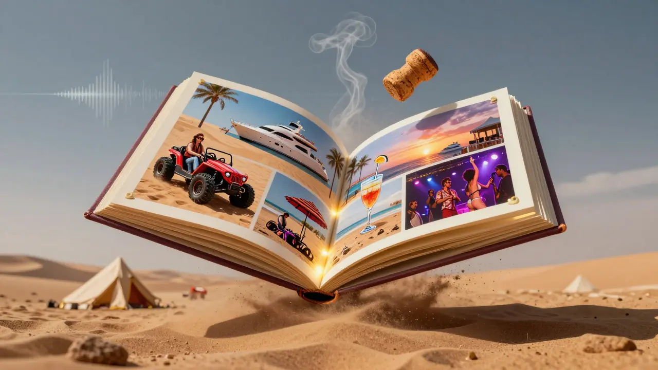 Floating photo album displaying bachelor party moments surrounded by desert sand and golden light.