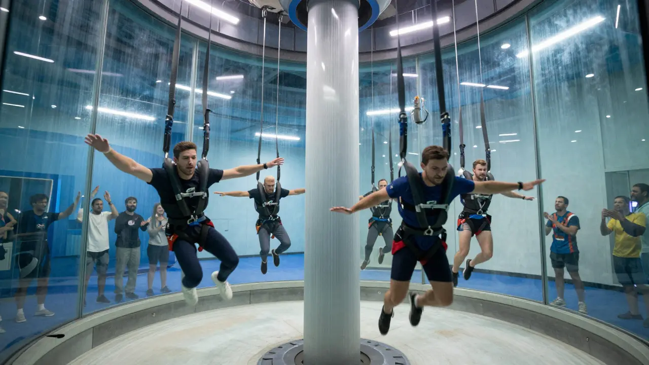 Four men floating mid-air in a wind tunnel, cheering friends watching through glass walls.