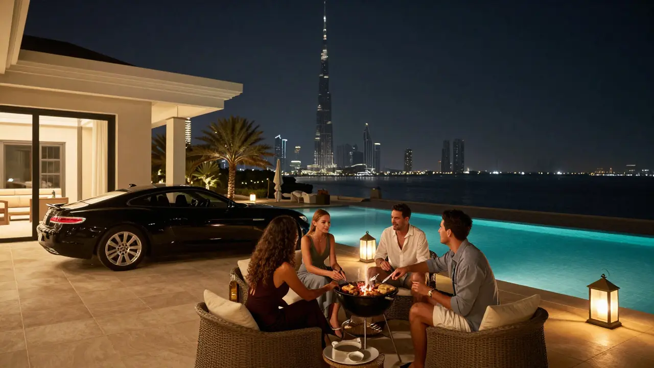 Friends relaxing at a private villa on Palm Jumeirah at night, pool and city lights glowing softly.