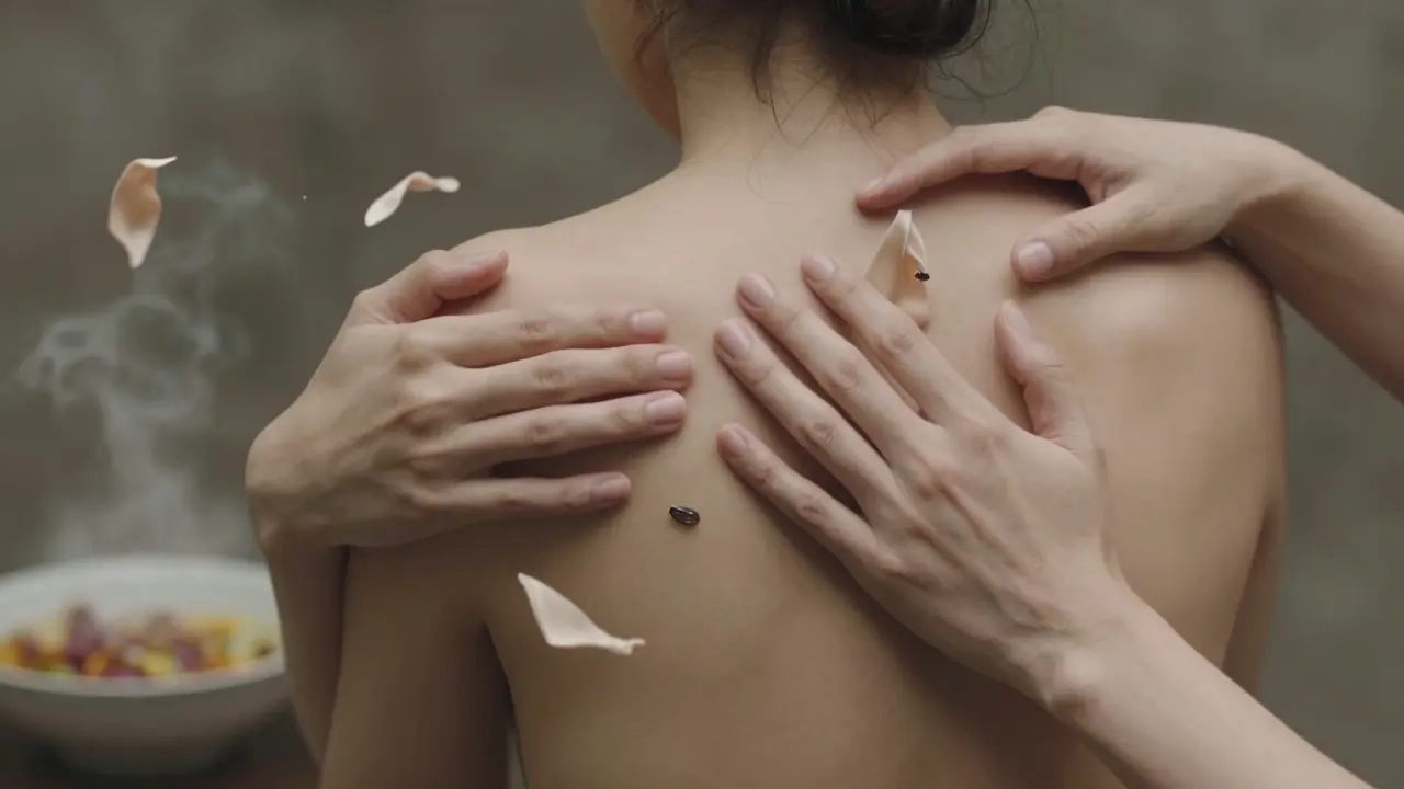 Gentle hands touching a shoulder and spine amidst flowing fabric and rising steam, symbolizing trust and therapeutic connection.