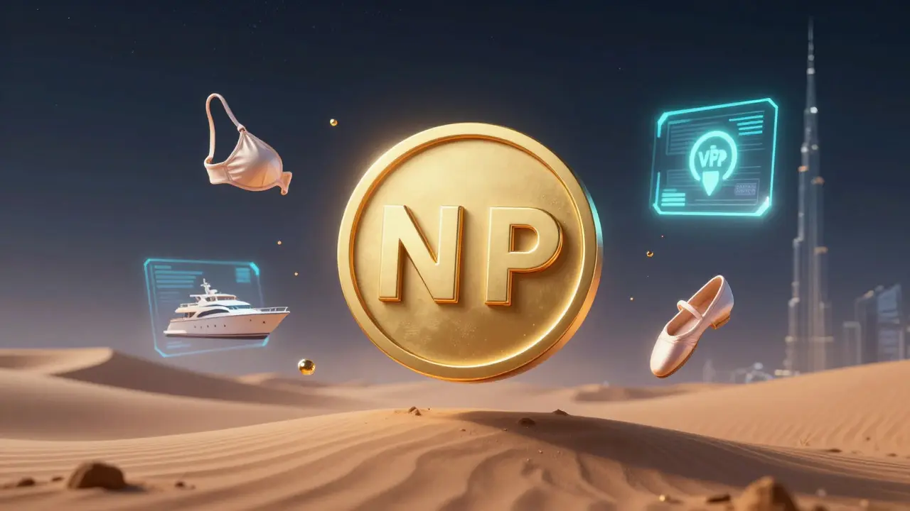 Golden NFT token floating above desert dunes at night, surrounded by symbolic digital fragments and faint Burj Khalifa silhouette.