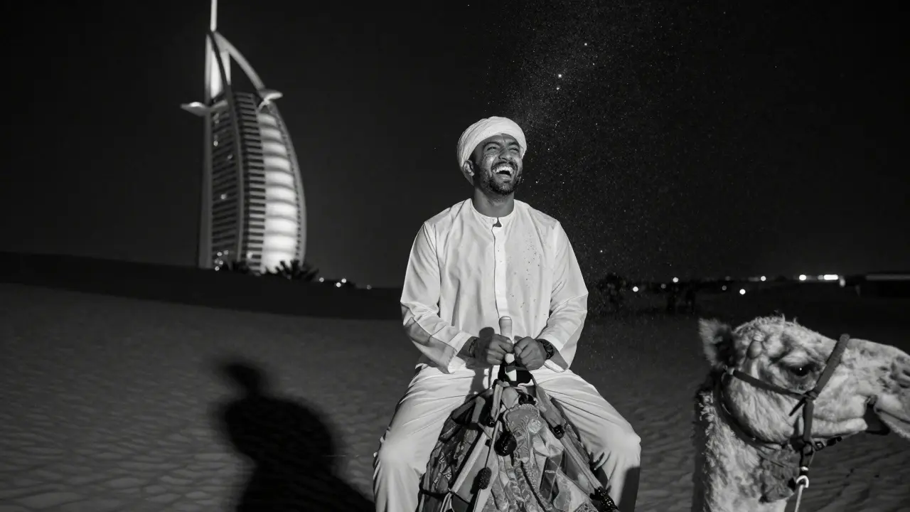 Groom laughing on a camel at midnight in the desert, glitter in the air, Burj Al Arab faintly lit in distance.