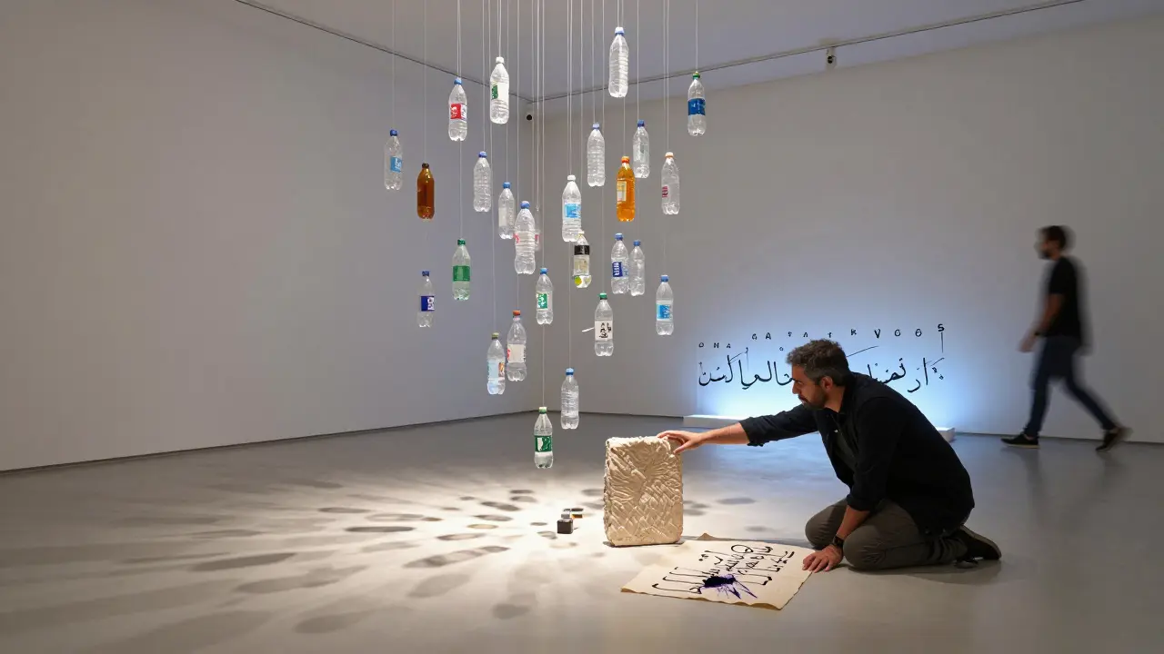 Interior of a gallery with recycled plastic art installation and a calligrapher writing Arabic poetry nearby.