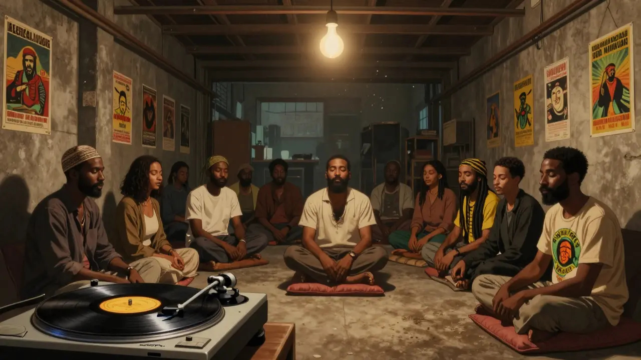 Intimate indoor reggae night in a warehouse with vinyl turntable and diverse crowd lost in music.