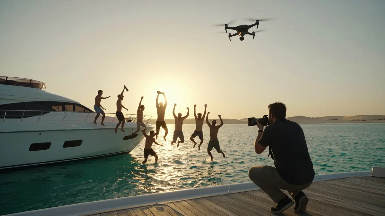Men jumping from a yacht into Palm Jumeirah waters at sunset, drone capturing the moment from above.