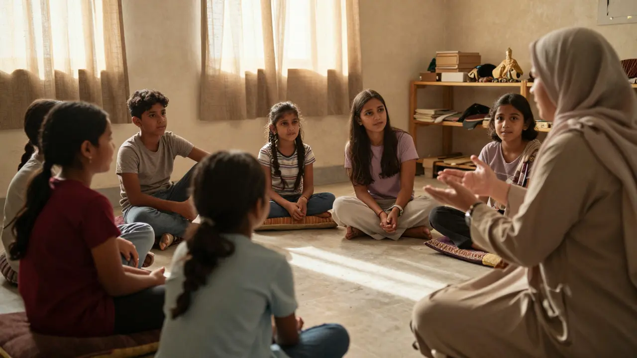 Parents and teens in a community workshop discussing consent, connected by eye contact and gentle gestures.
