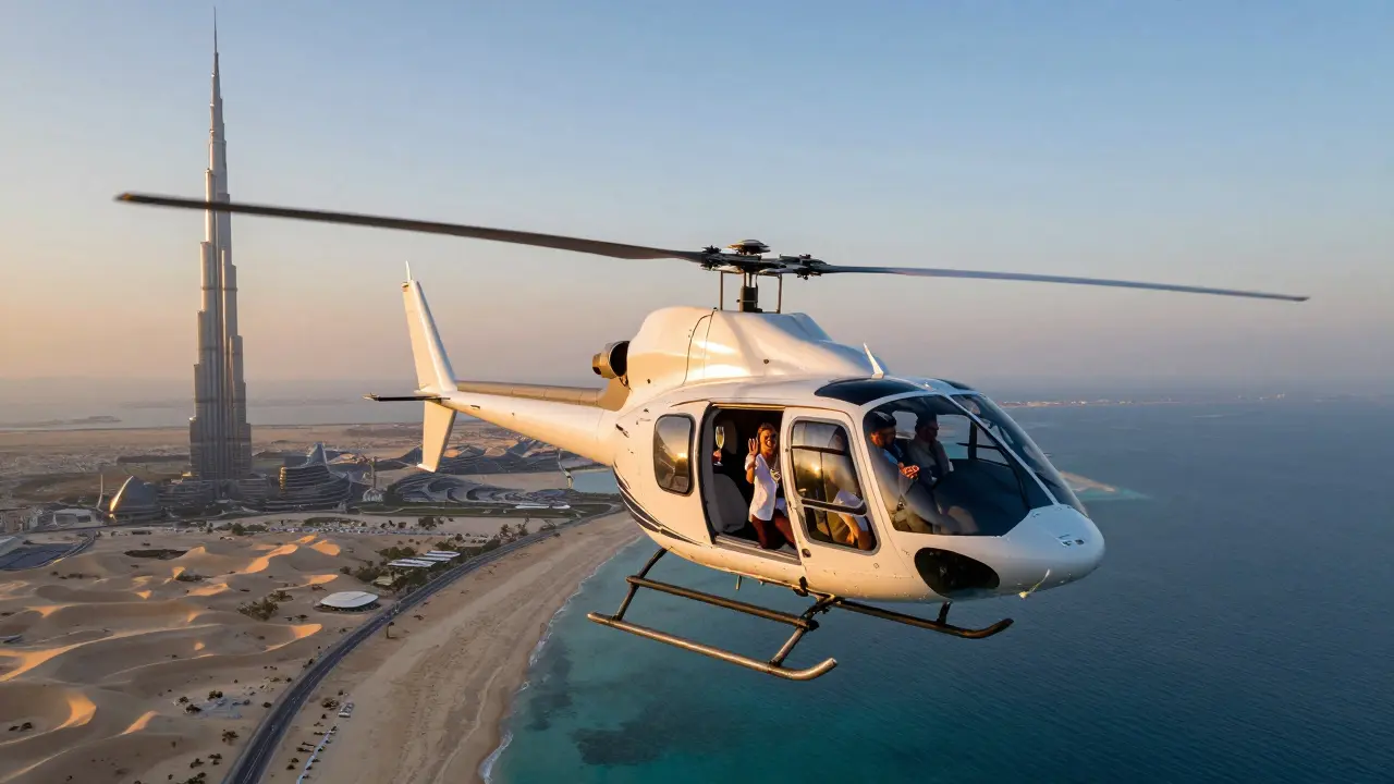 Private helicopter flying over Palm Jumeirah at sunset, Burj Khalifa in distance.