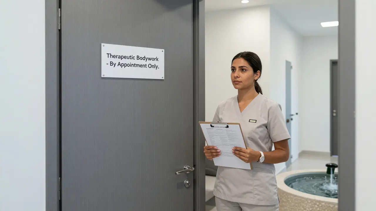 Professional female therapist standing beside a private wellness studio door with a clipboard, in a quiet residential hallway.