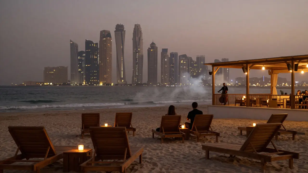 Seaview Beach Club rooftop terrace with couple overlooking Dubai Marina lights in quiet elegance.