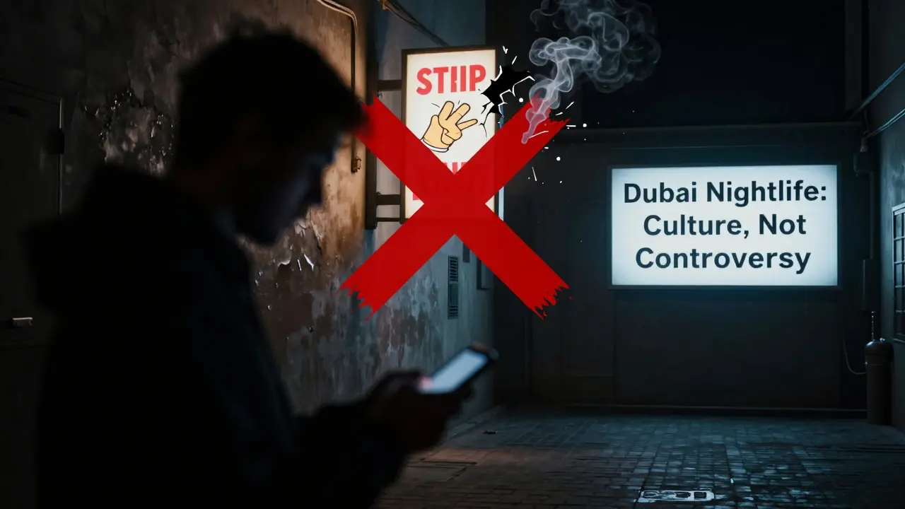 Shadowy figure in a Dubai alley with a dissolving strip club sign, contrasted by a glowing sign promoting cultural nightlife.