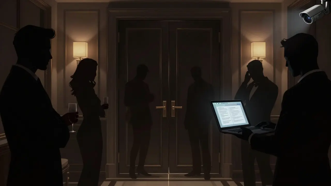 Shadowy hotel room with a figure deleting files, a security camera watching in the corner.