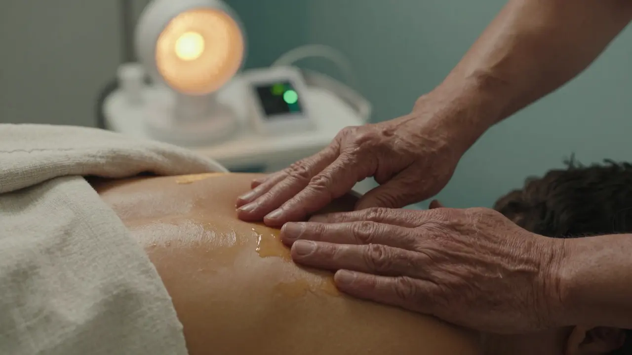 Skilled hands applying deep tissue massage with infrared heat and biofeedback technology in the background.