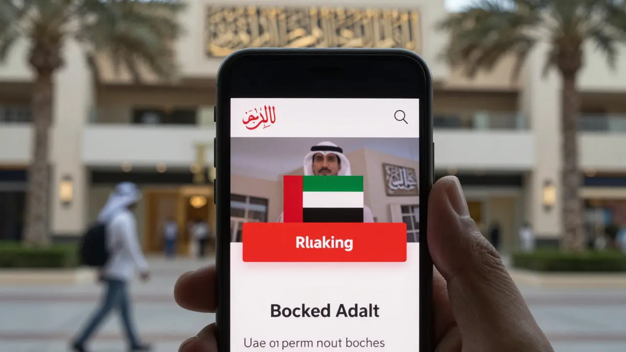 Smartphone showing a blocked website with a UAE government warning, tourist walking nearby.