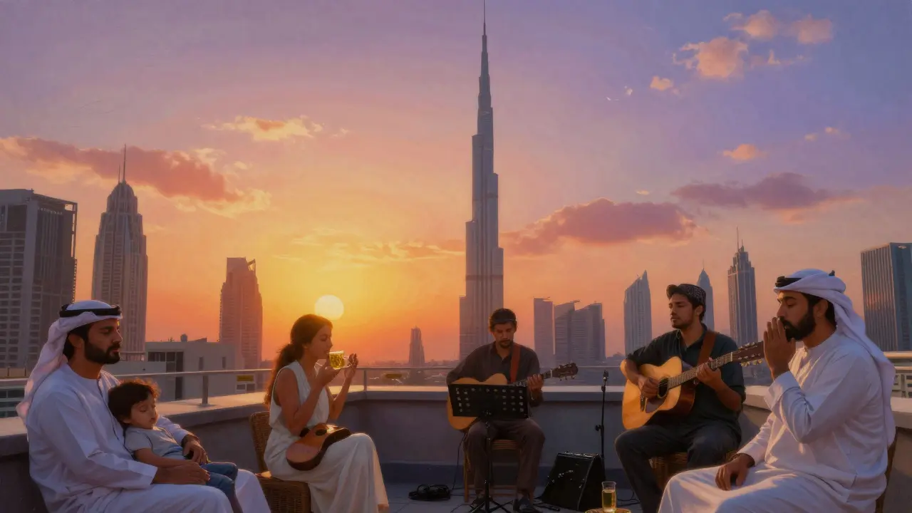 Sunset rooftop reggae session in Dubai with Burj Khalifa in background and silent, peaceful listeners.