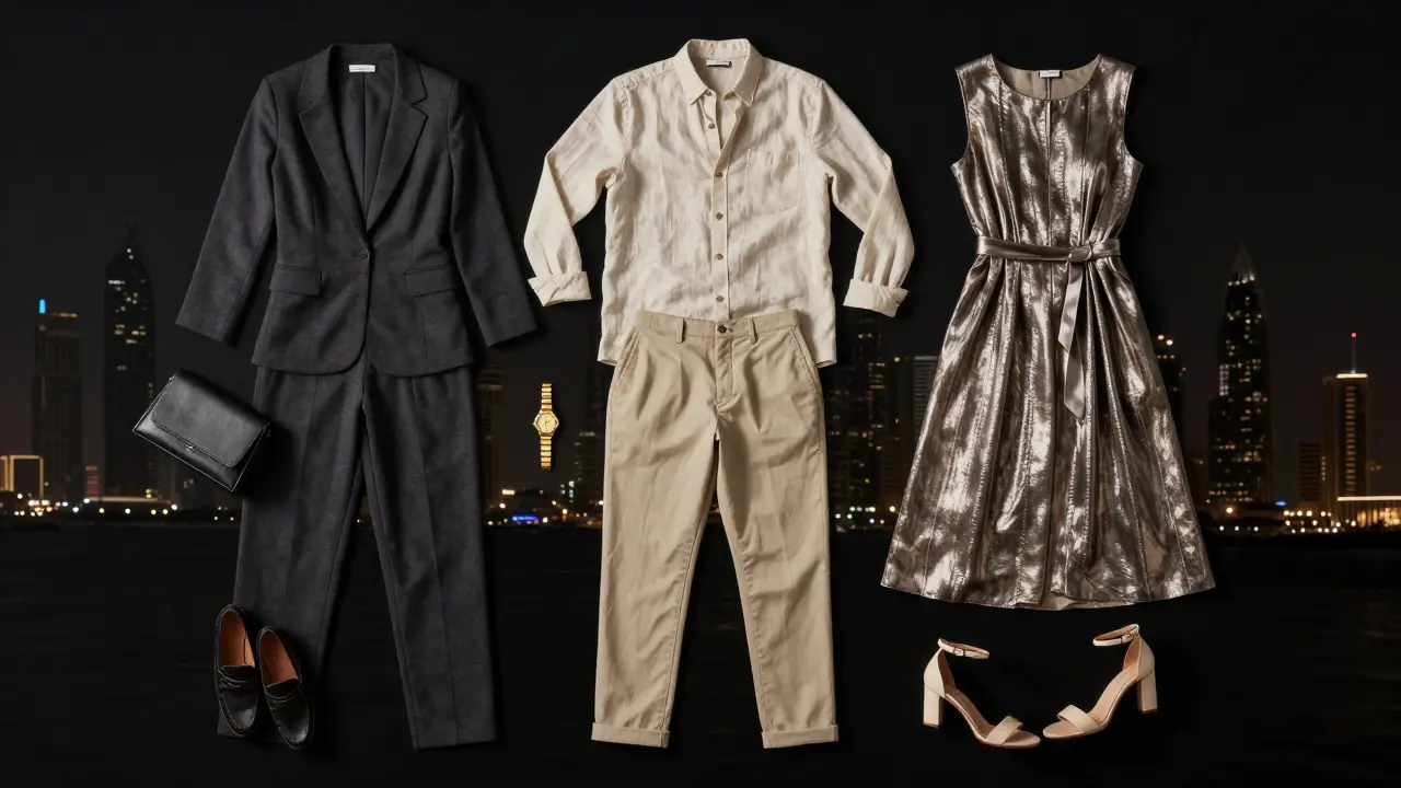 Three elegant outfits laid out with accessories, symbolizing Dubai's nightlife dress code.