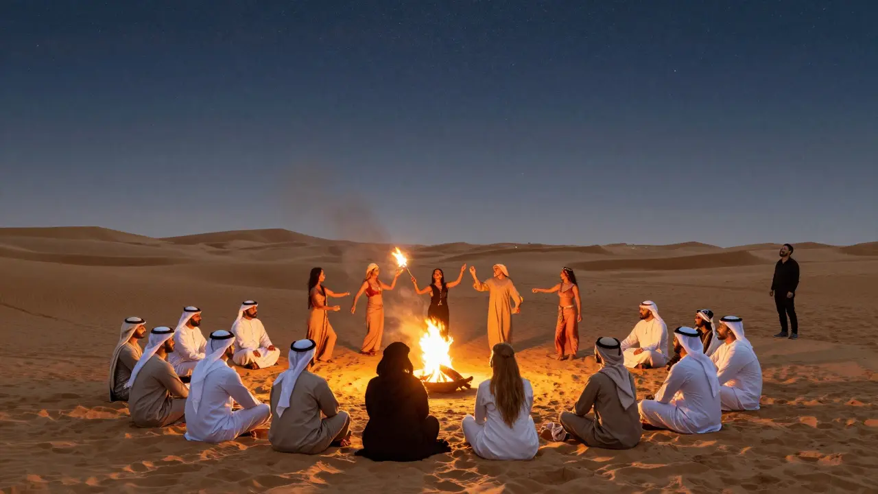 Traditional desert camp under stars with fire dancers in modest attire, offering a safe and authentic Dubai night experience.