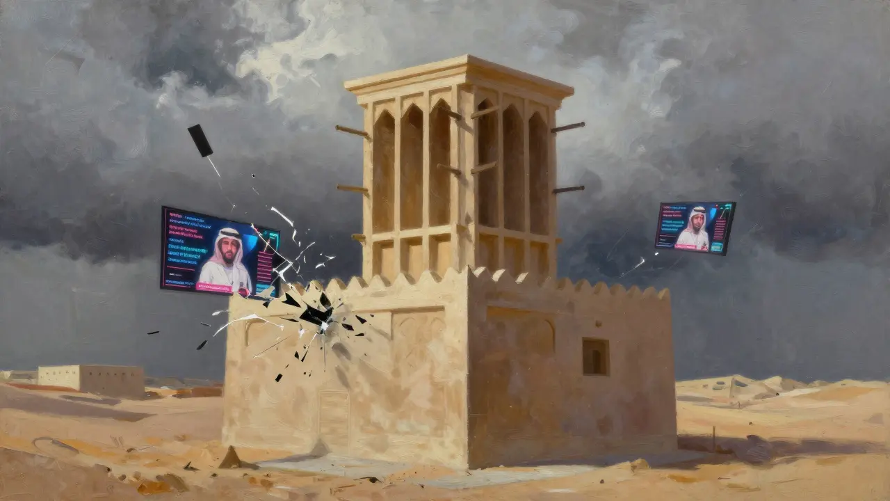 Traditional Emirati house surrounded by shattering digital screens turning to sand.