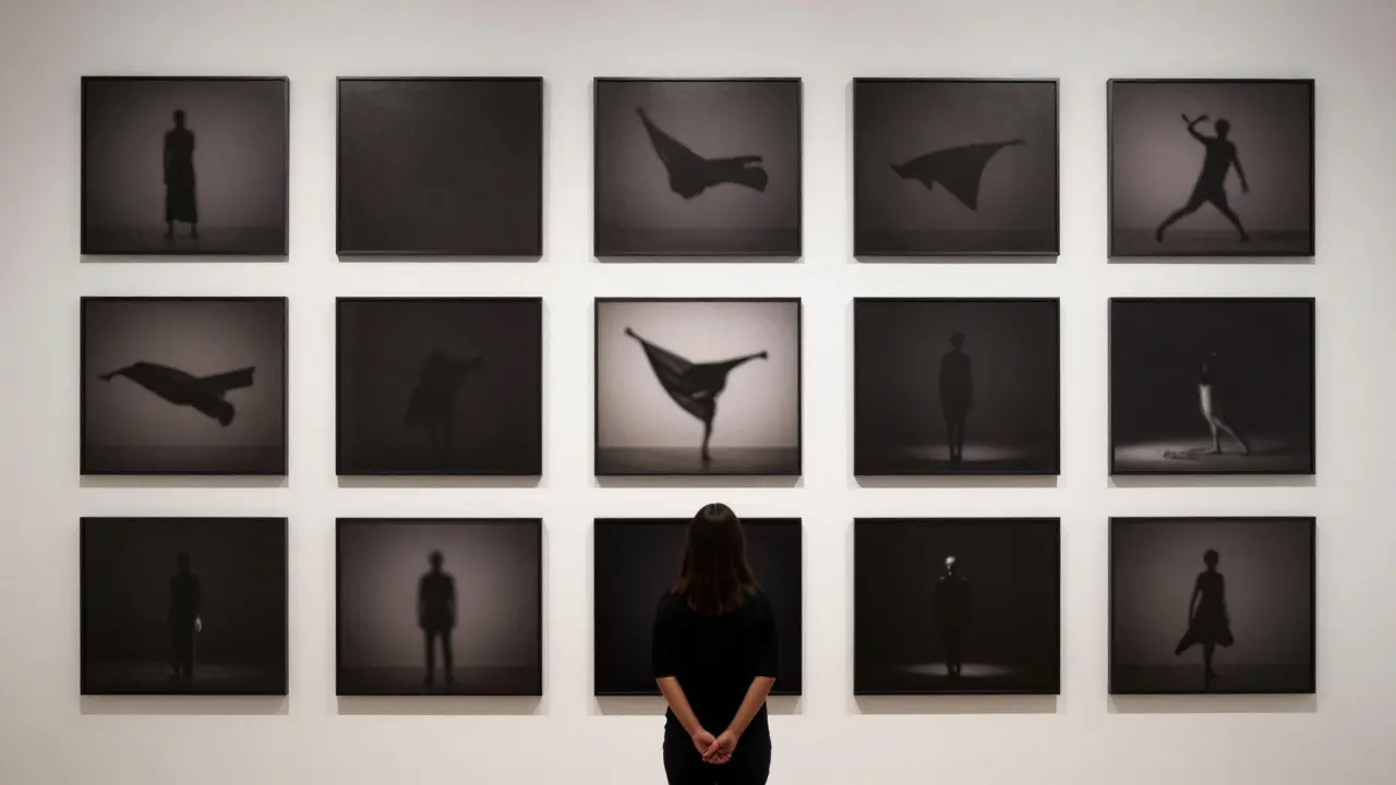Twelve blurred, abstract photographs of human movement are displayed on a white gallery wall, each unlabelled and hauntingly incomplete.