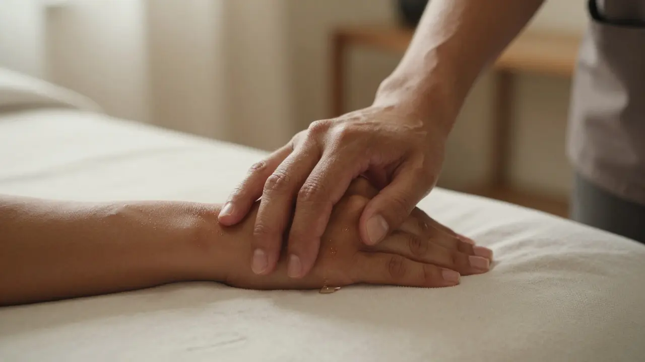 Two interlocked hands resting on a massage table, oil glistening, conveying quiet connection and emotional reconnection.