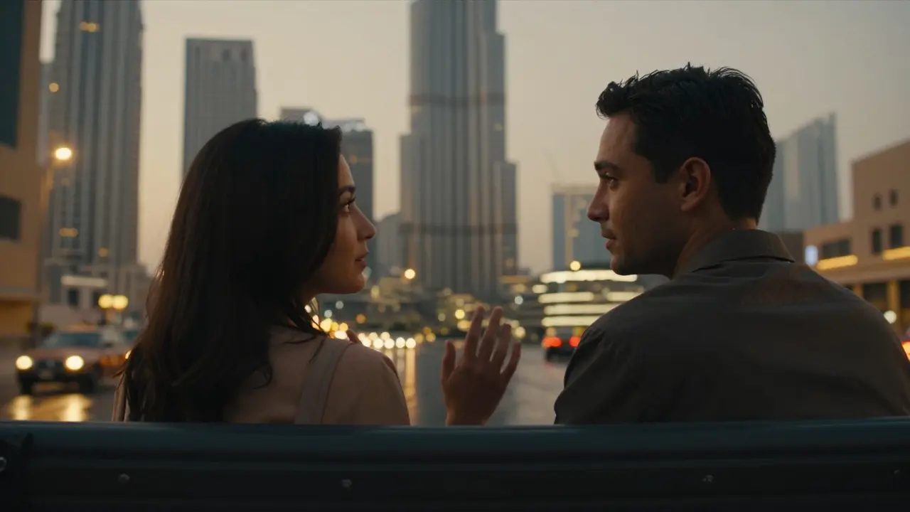 Two people in a taxi at dusk, close but not touching, Dubai’s skyline glowing behind them.