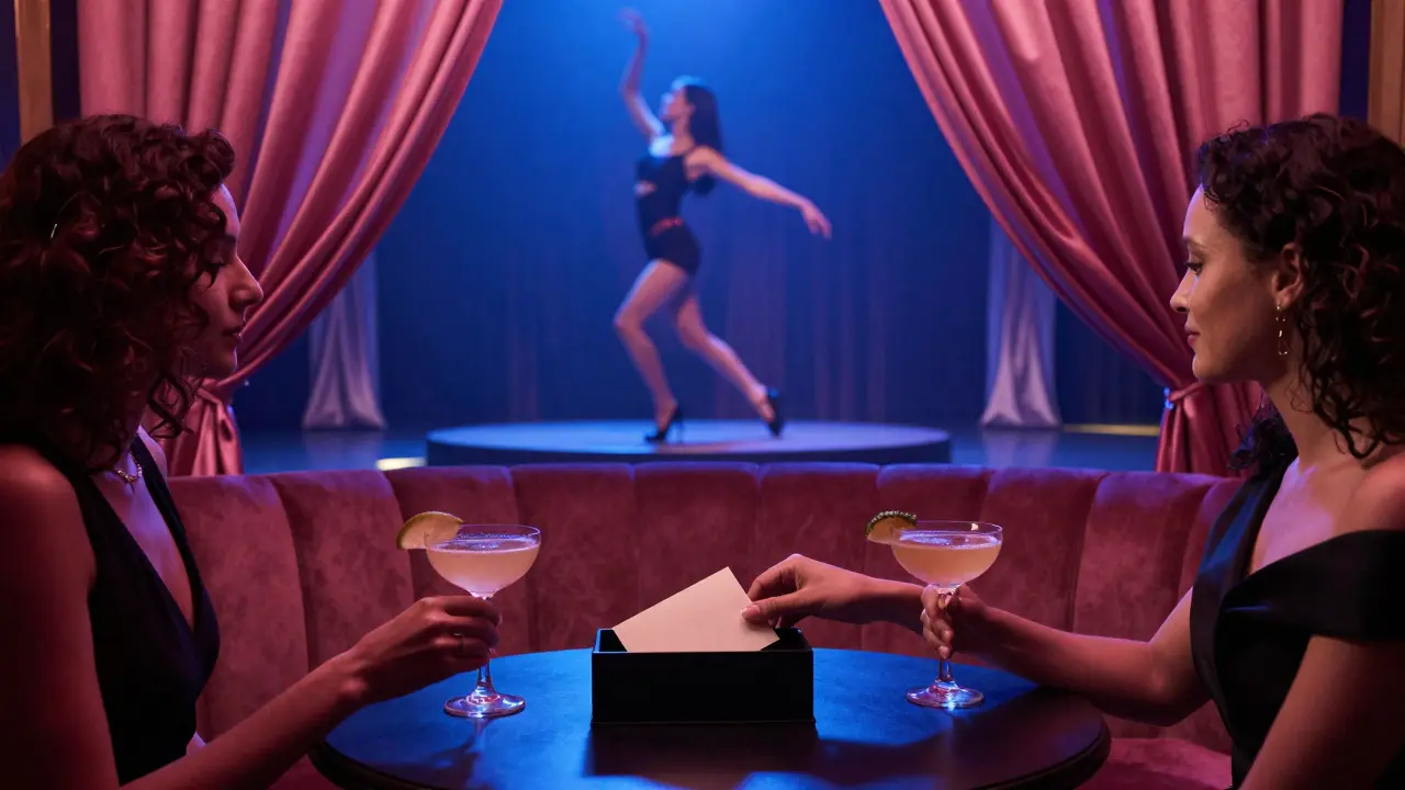 VIP booth at a cabaret with dancer on stage, guests sipping mocktails and placing tip in envelope.