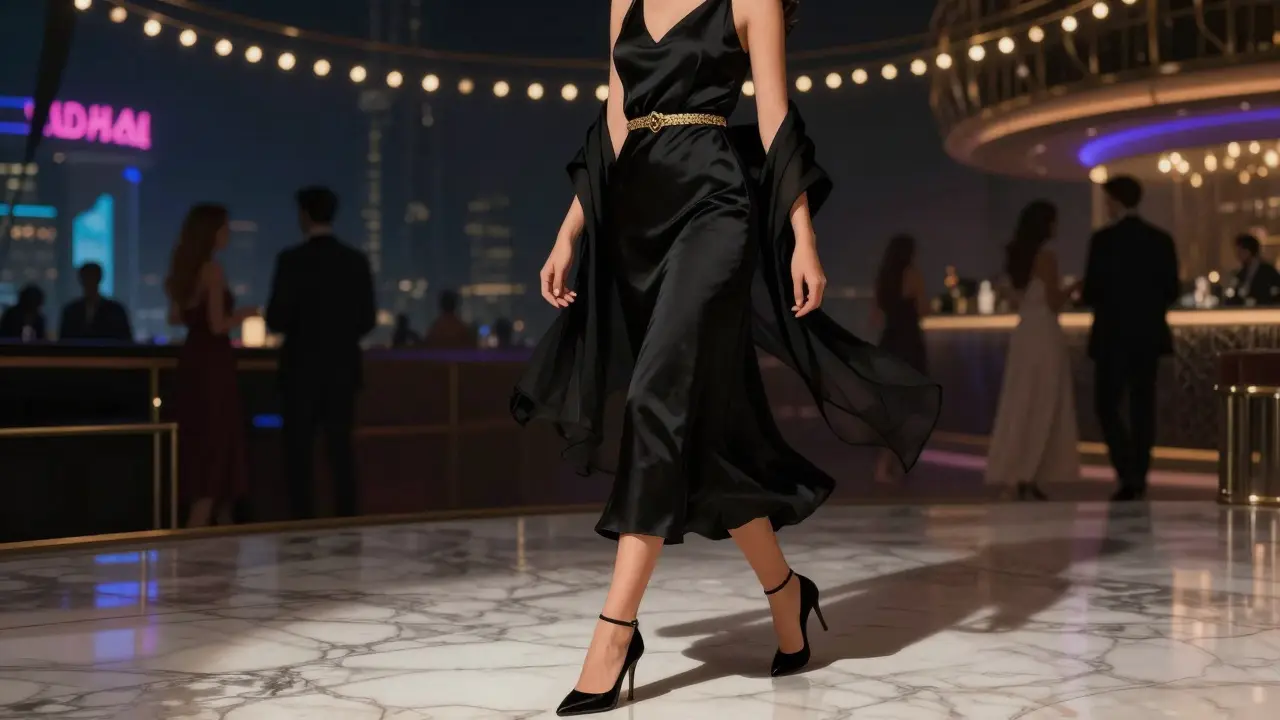 Woman in black silk midi dress stepping onto a marble terrace under string lights.