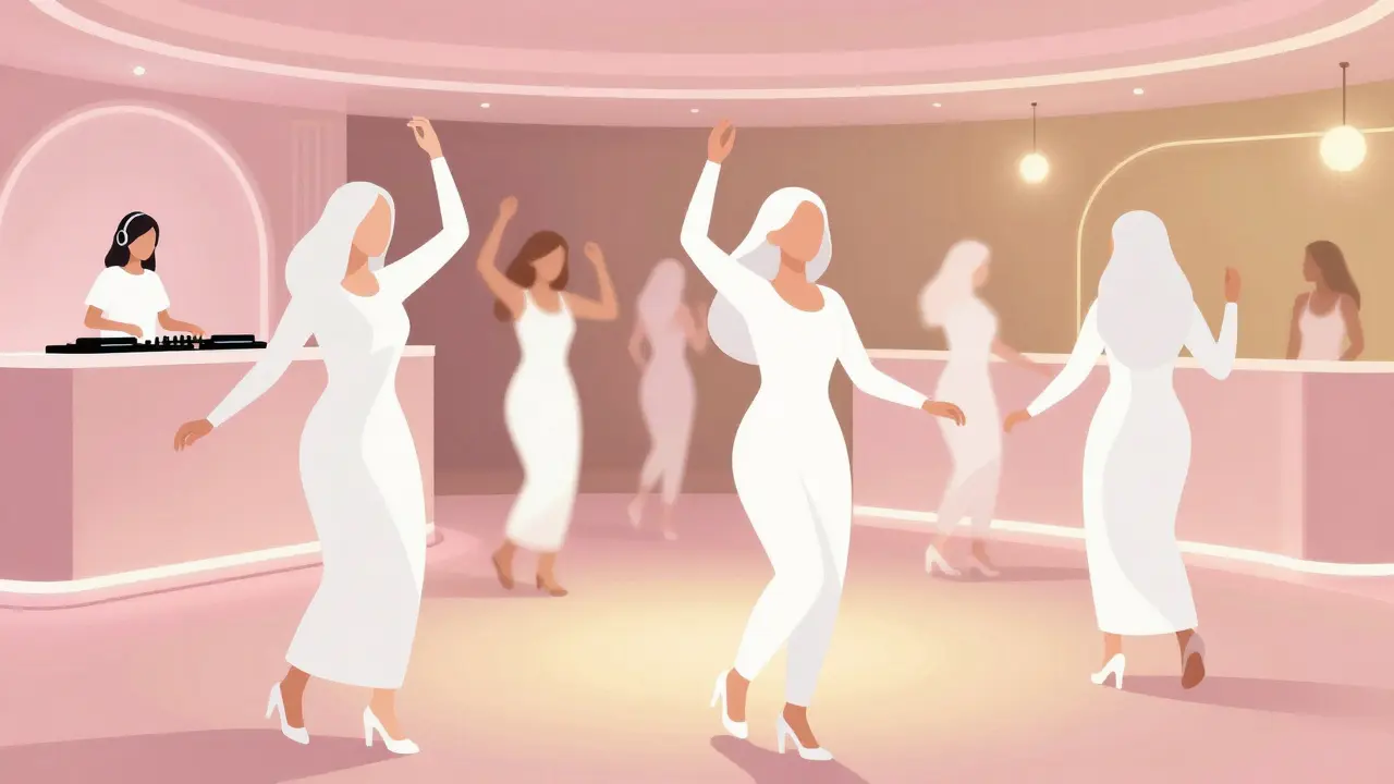Women dancing joyfully under soft pink lights at White Dubai's ladies' night.