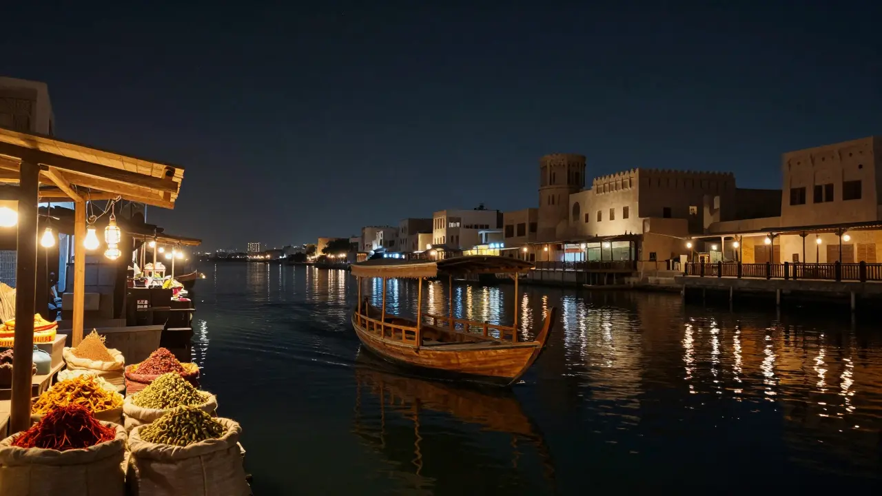 Wooden abra boat on Dubai Creek at night, reflections of lanterns and historic buildings on still water.