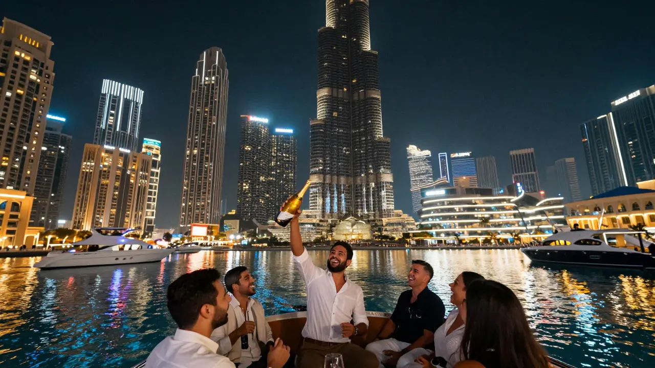 Yacht cruising through Dubai Marina at night with Burj Khalifa's light show reflecting on water.