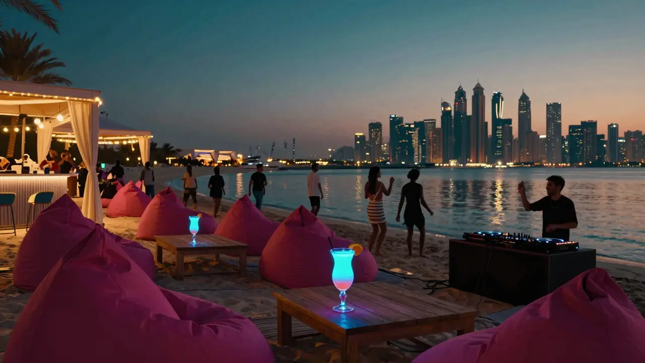 Young guests enjoying glowing cocktails and bean bags at Catch Beach Club with Dubai's skyline in the background.