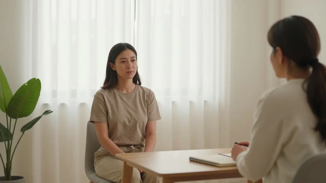 A couple in a private therapy session in Jumeirah, sharing a quiet moment with a counselor under soft daylight.