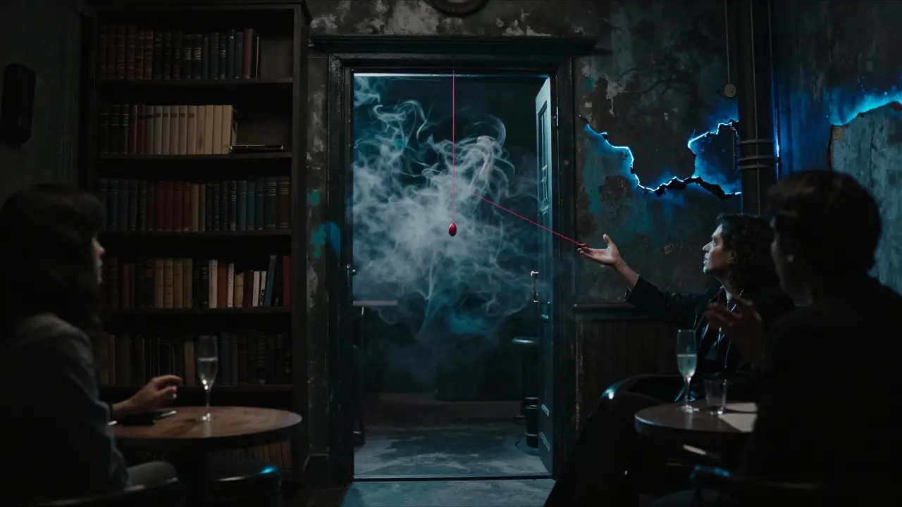 A dancer vanishes into smoke behind a bookshelf entrance, a single red thread hanging in the air, shadows watching in silence.