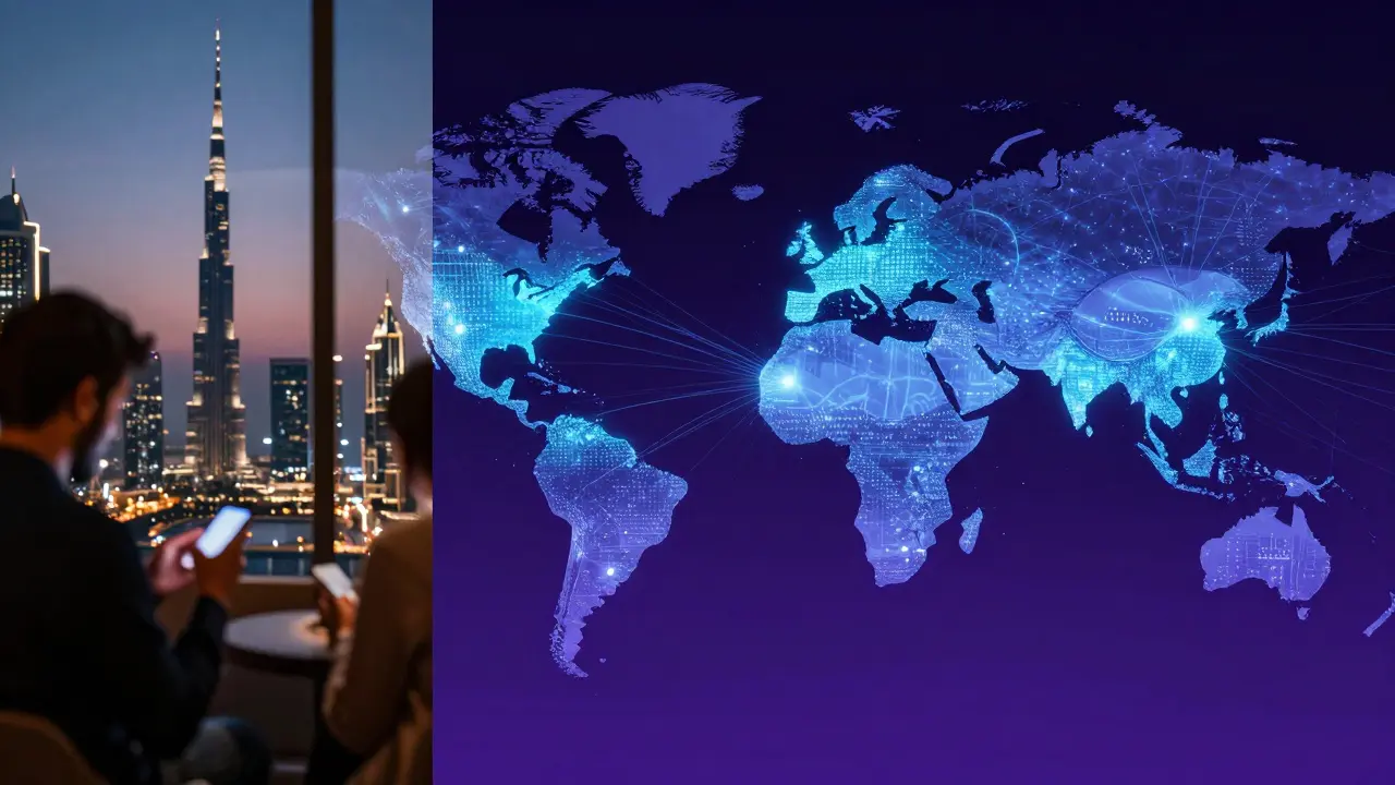 A digital map showing global content creators connecting to Dubai through invisible digital threads, with blurred urban silhouettes in the background.