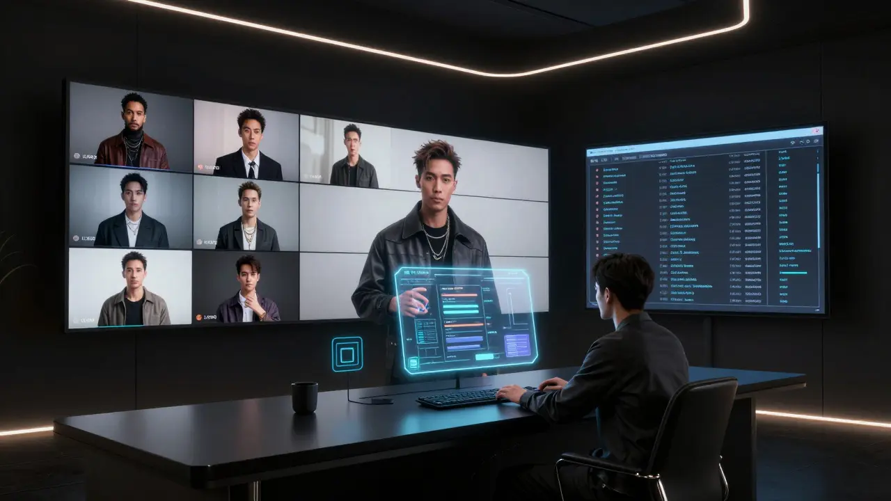 A digital workspace where AI tools generate multiple video variations from a single recording session.