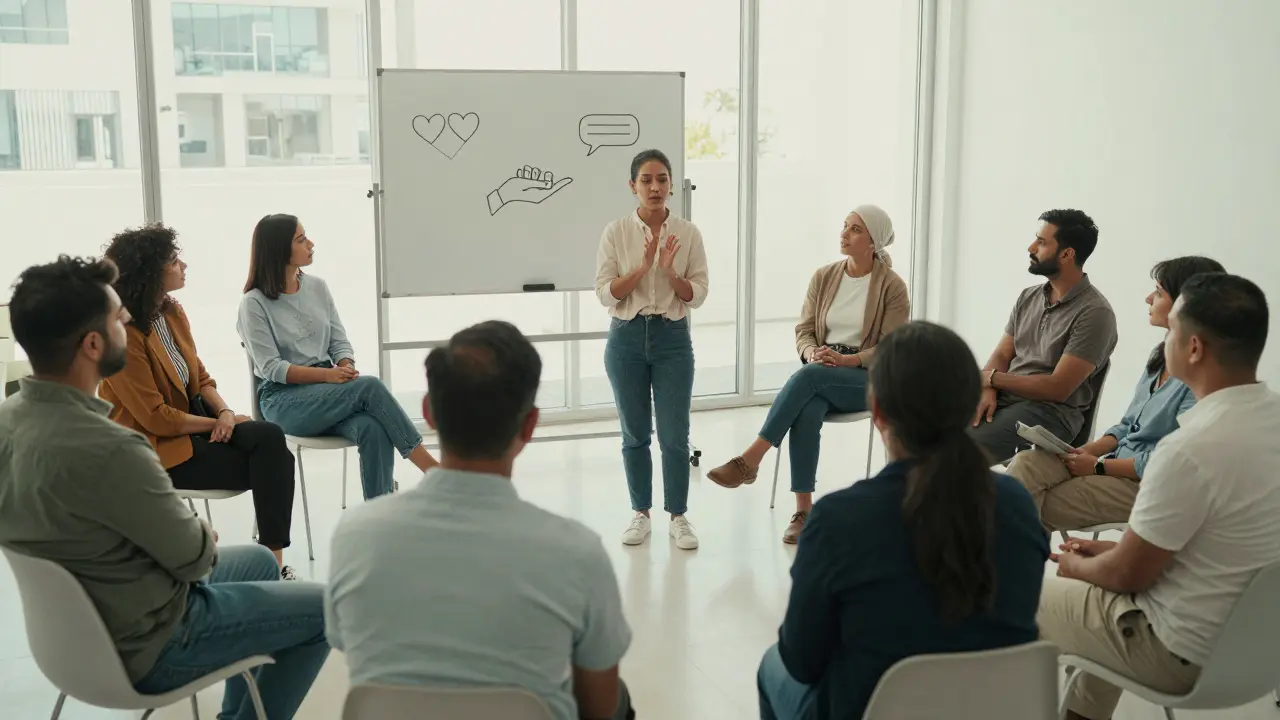 A diverse group attends a community workshop on intimacy in Dubai, listening to a therapist in a supportive, non-judgmental setting.