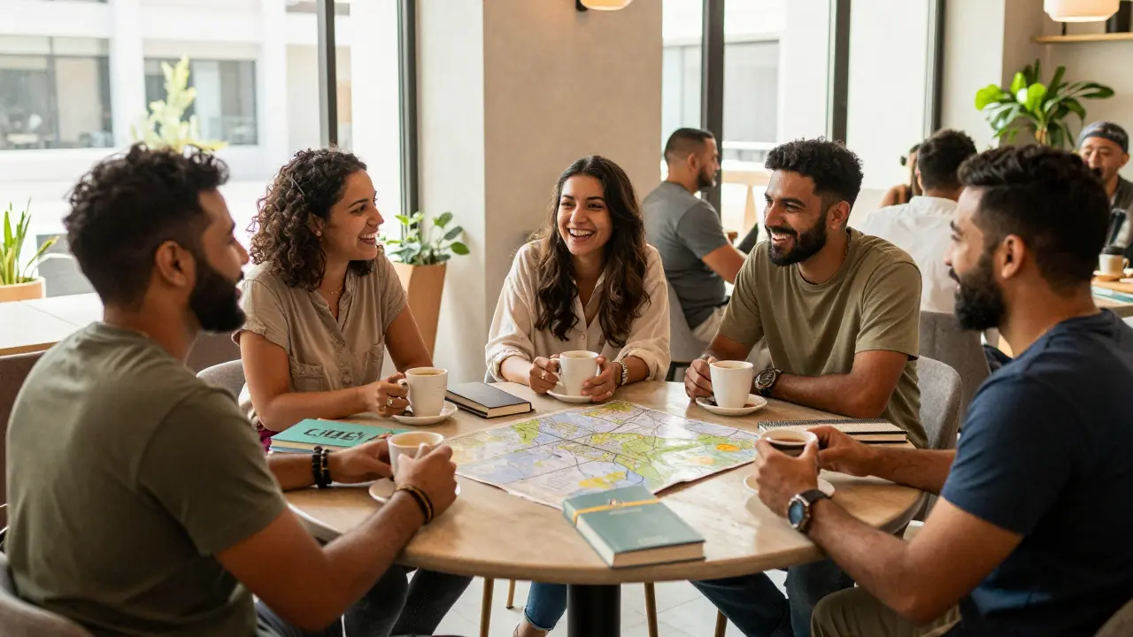 A diverse group of expats chatting warmly at a community center in Dubai.