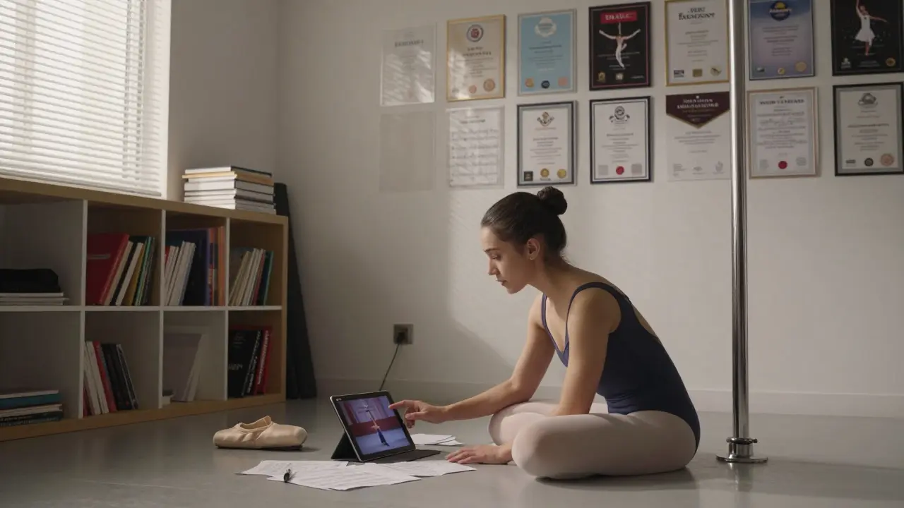 A female choreographer in a Dubai studio reviewing performance footage, surrounded by ballet shoes, sheet music, and competition certificates, morning light streaming in.