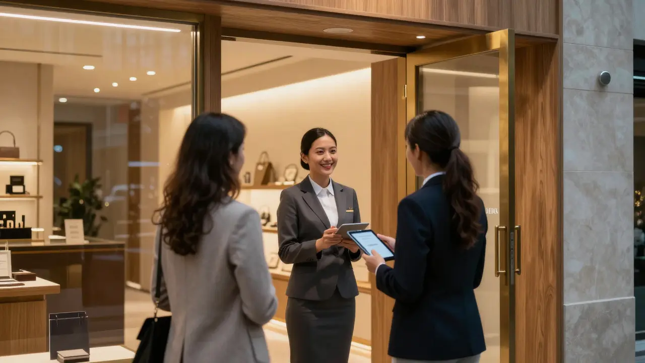 A female host greets a guest at a discreet entrance to a women-only club in Dubai, dusk lighting, no men visible.