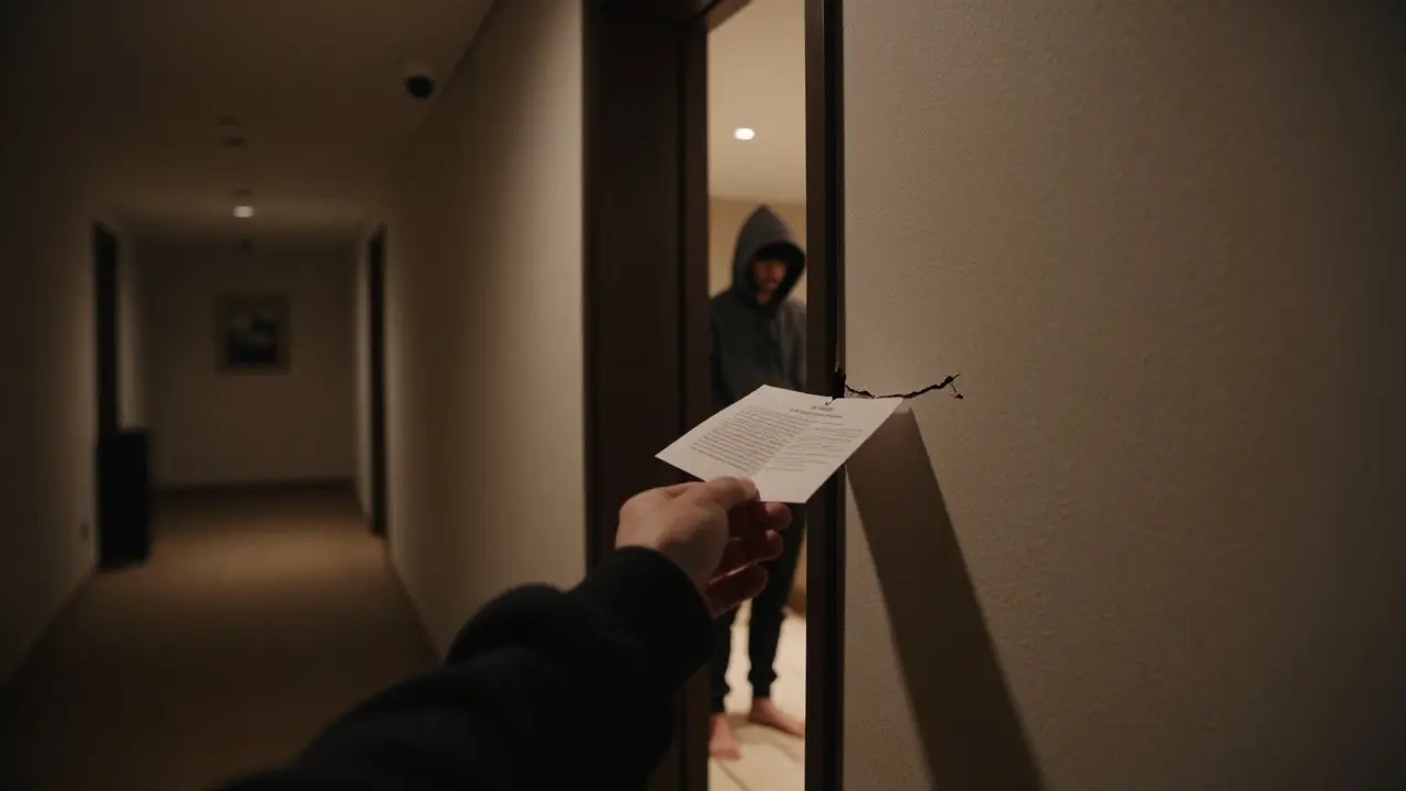 A folded note is slipped under a luxury apartment door at night, with bare feet visible inside as surveillance cameras loom overhead.