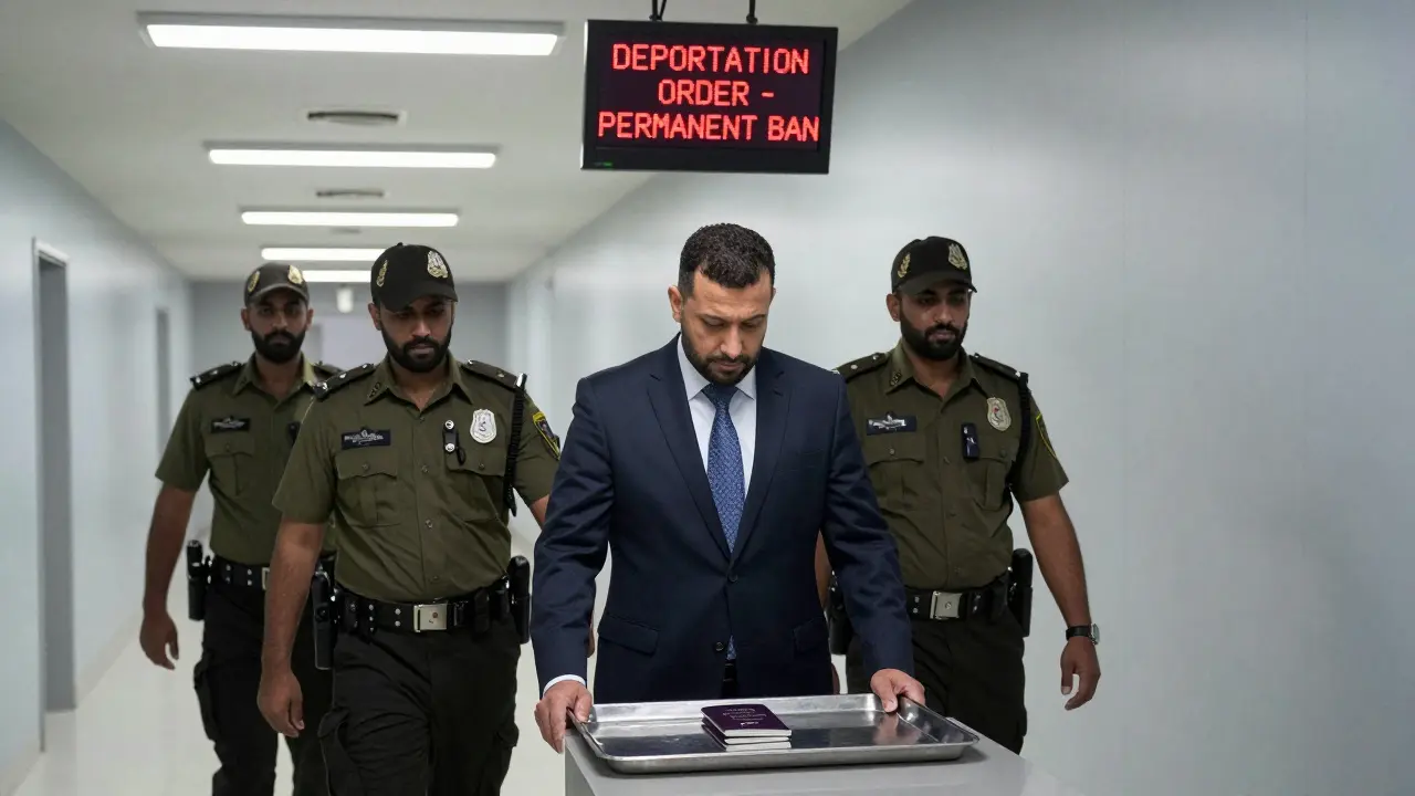 A foreign man being processed by UAE police, his passport seized, with a permanent ban notice on screen.