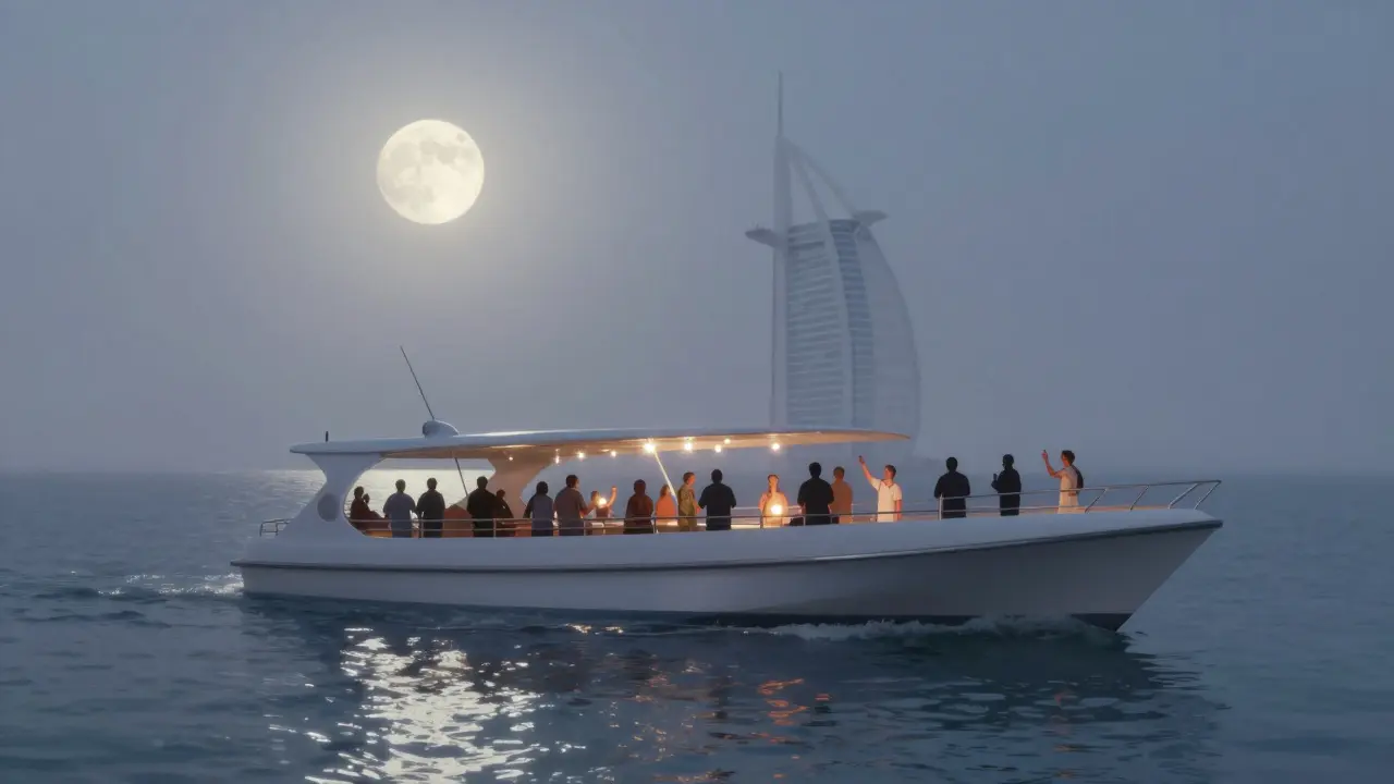 A full moon boat party under a starry sky, with the Burj Al Arab visible in the distance and guests silhouetted on deck.