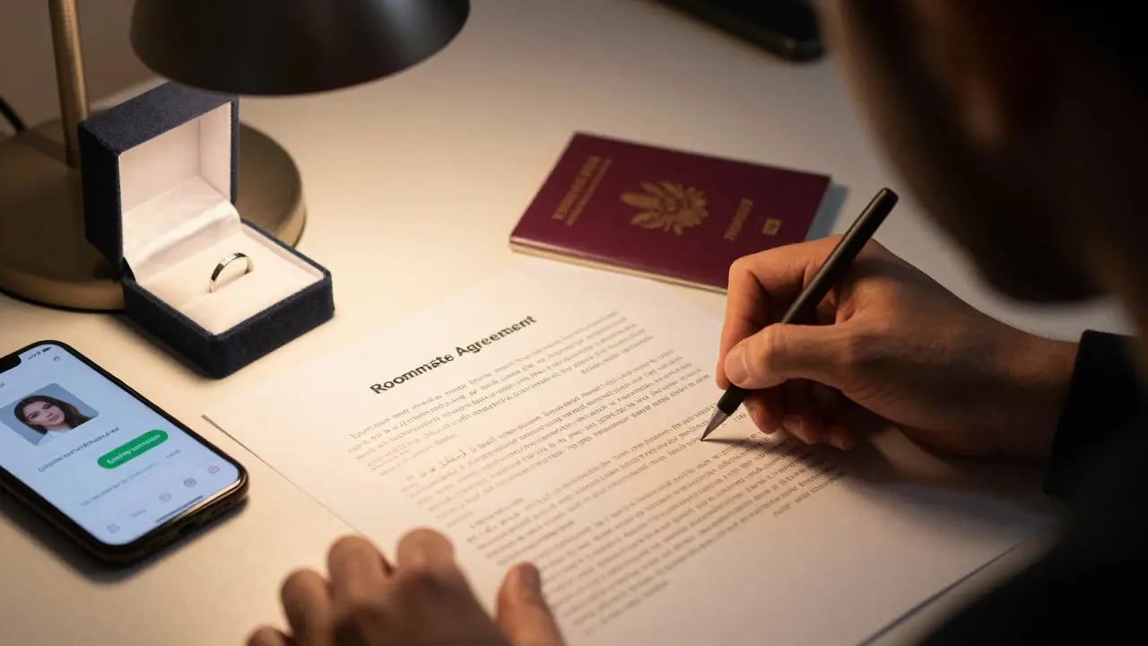 A hand signing a roommate agreement, beside it a passport, unopened wedding ring box, and a smartphone with a vague dating profile.