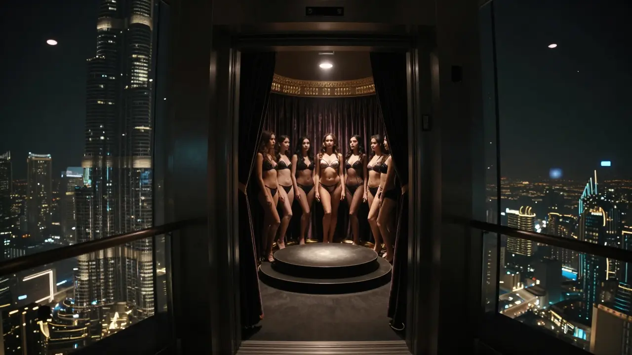 A hidden floor in Burj Khalifa with dancers under a spotlight, skyline visible through glass.