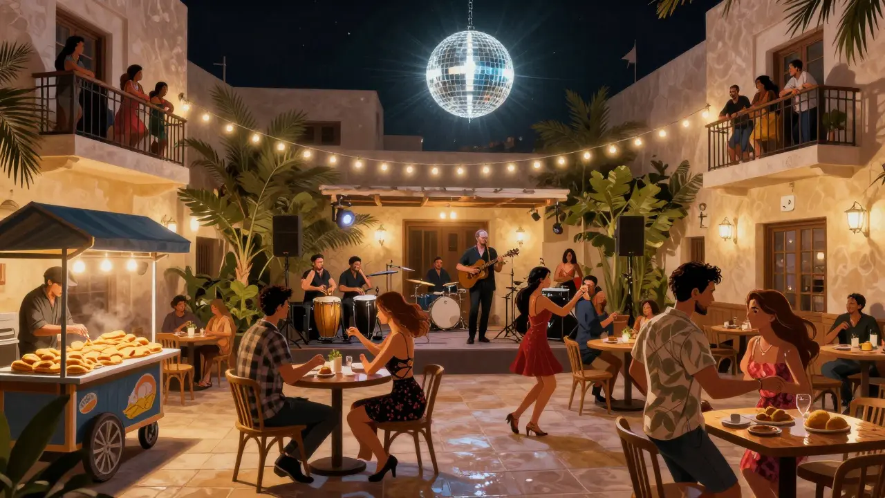 A live Latin band performs in an open courtyard as diverse dancers move under a disco ball, with food carts outside.