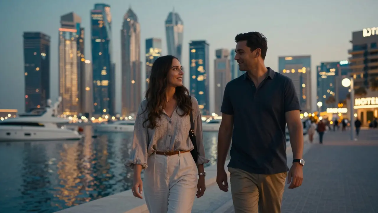 A man and woman walking along Dubai Marina at dusk, engaged in quiet, genuine conversation.